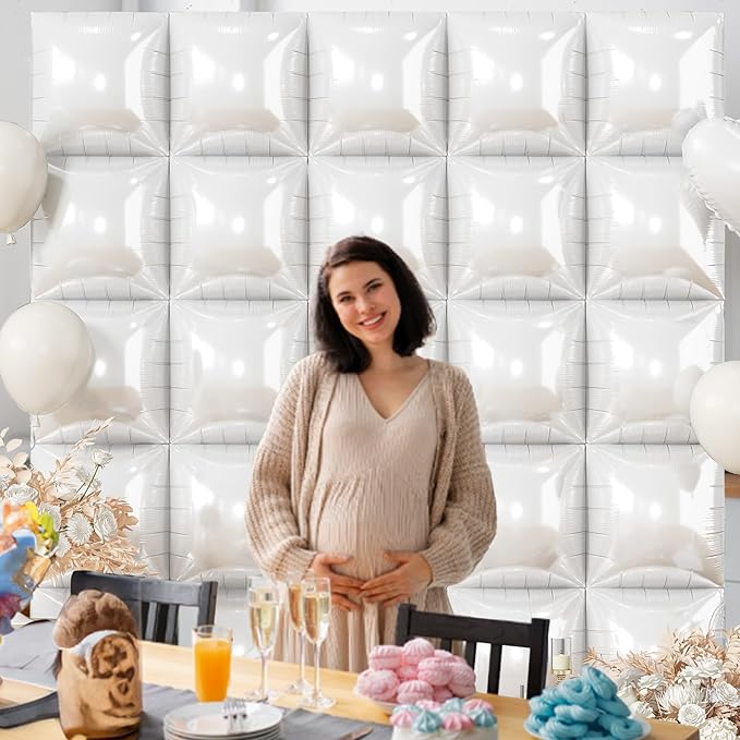 White Square Foil Balloons Wall, 25PCS Double Sided Pearl White Balloons Backdrop Wall Tunnel Arch Kit Background Decorations for Girl Women Birthday Wedding Baby Shower Bridal Engagement Heaven Party