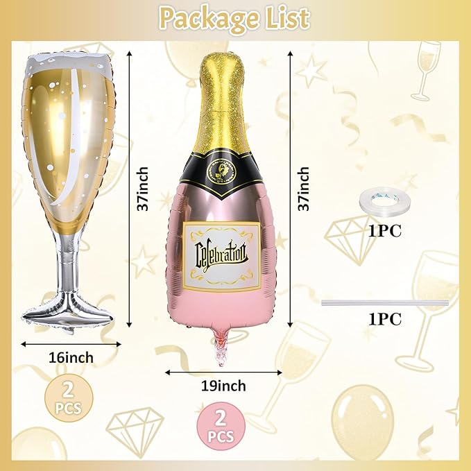 Champagne Bottle Glass Balloons 4pcs, Large Champagne Wine Foil Mylar Balloons for Women Girls Birthday Bachelorette Bridal Shower Wedding Anniversary Engagement Celebration Party Decorations Supplies
