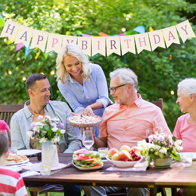 Doumeny Happy Birthday Burlap Banner Boho Birthday Garland Bunting Purple Pink Bohemian Party Hanging Banner White Happy Birthday Sign Flag Colorful Birthdays Bunting Garland for Home Mantel Fireplace