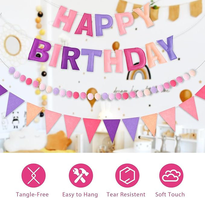 CANREVEL Pre-Strung 3D Rainbow Happy Birthday Banner, 3 PCS Happy Birthday Felt Sign, Pom Pom Garland, Triangle Fabric Bunting, Colorful Reusable Birthday Decorations for Women Men Girls Boys, Purple