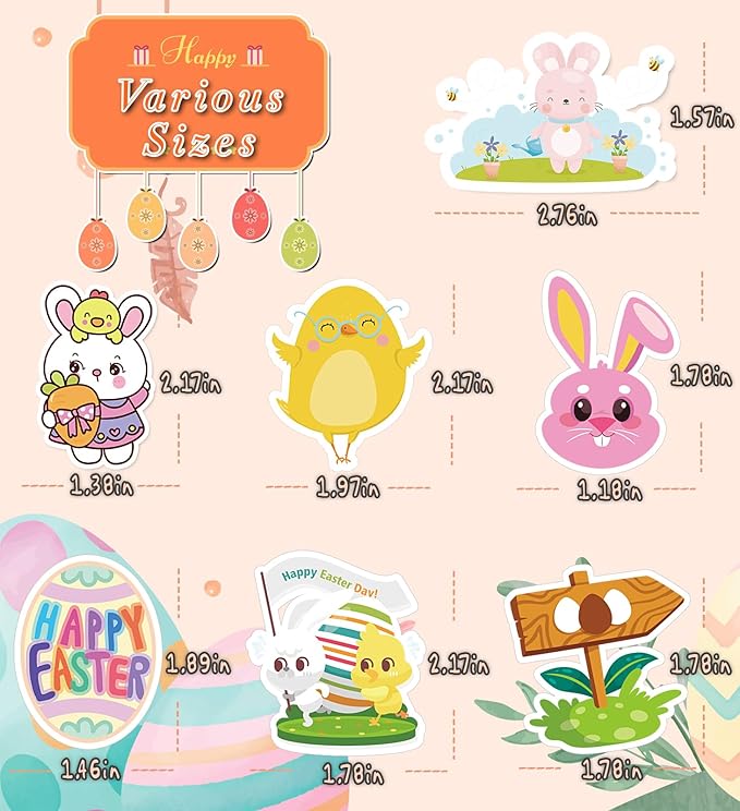 100PCS Easter Stickers, Cute Bunny, Eggs & Spring Crafts, Perfect Easter Basket Stuffers, Party Favors & DIY Craft Supplies, Durable, Reusable Easters Decorations