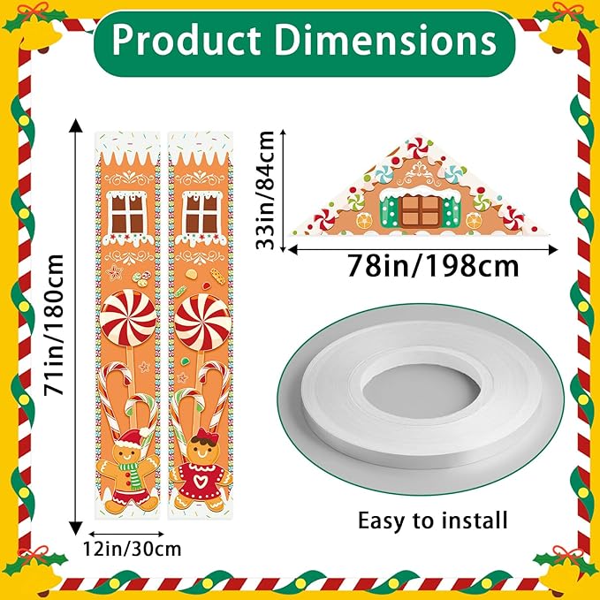 Christmas Gingerbread Door Cover Banners Decor Set,3 Piece Gingerbread House Decorations with Triangle Topper and Hanging Ginger Bread Christmas Decorations Banner for Porch Party Winter outdoor Decor