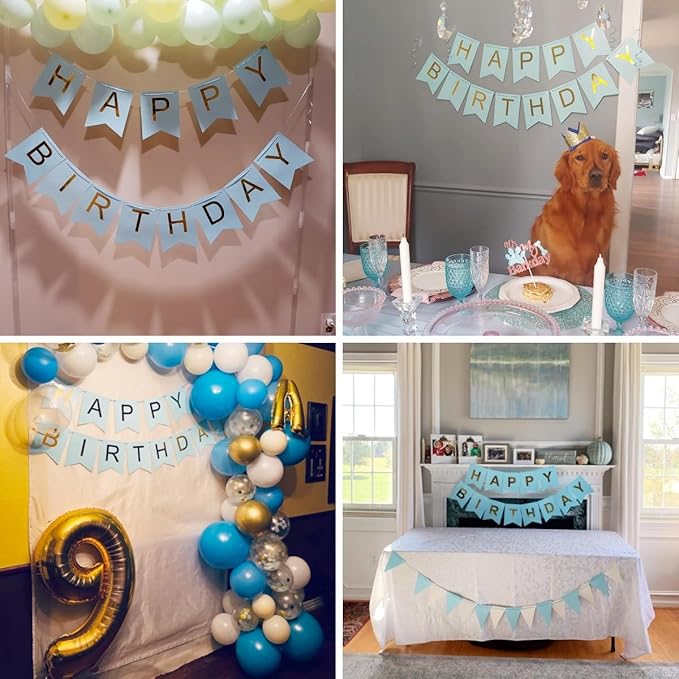Teal Happy Birthday Banner With Shiny Gold Letters, Swallowtail Design Hanging Signs Party Decorations