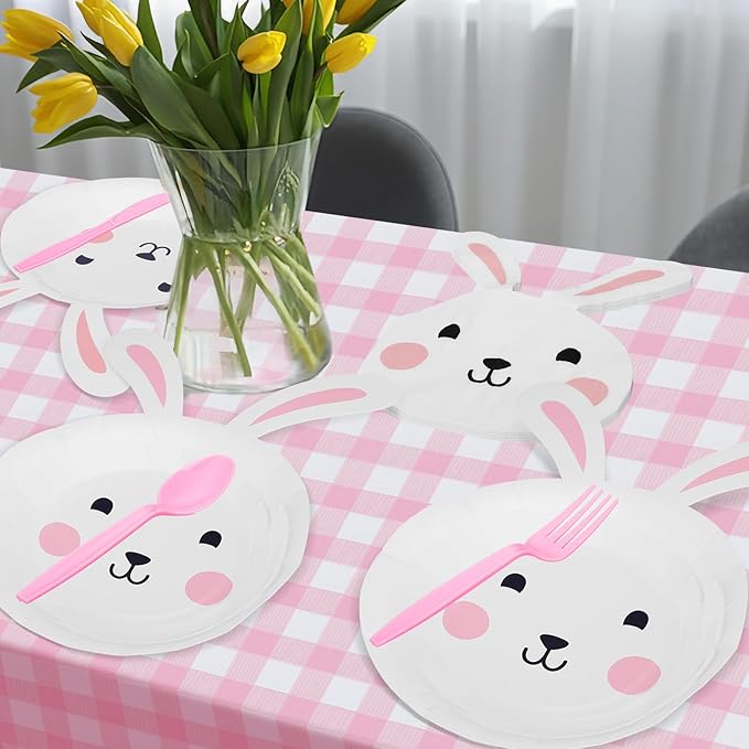 Qinyoung 147 Pcs Bunny Birthday Decorations Easter Tableware Party Supplies Some Bunny Is One Decorations Include Easter Party Plates Napkins Paper Cup Fork and Spoon Tablecloth, Serve 24 Guests