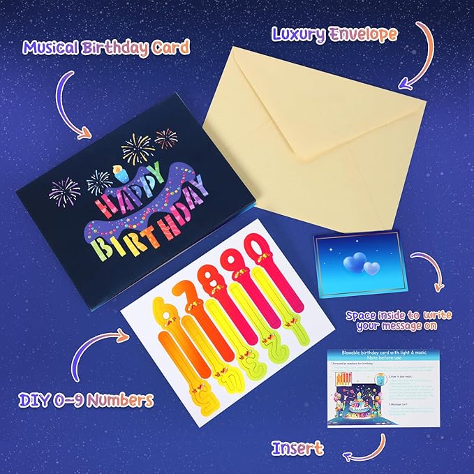 3D Musical Birthday Card with Blowable LED Light Candle, DIY 0-9 Numbers, Happy Birthday Pop Up Cards with Colorful Fireworks Lights, Happy Birthday Song & Exciting Cheering Sound, Impressive Musical