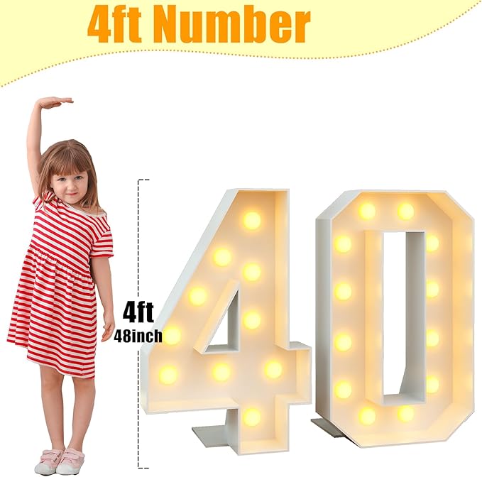4ft Light Up Numbers Marquee 40 Numbers with Lights White Slots-in Frame for Men Women 40th Birthday Party Decorations Pre-Cut Mosaic Cardboard Large Cut-Out Thick Foam Board Sign Anniversary