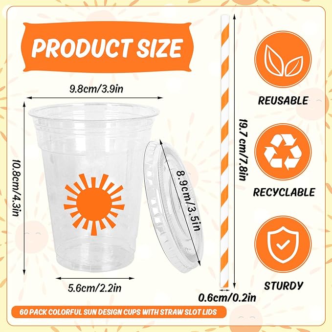 Whaline 60Pcs Boho Sun Disposable Plastic Cups With Lids And Straws 12 oz Colorful Sunshine Pattern Cold Beverage Drinking Cup For First Birthday Baby Shower Party