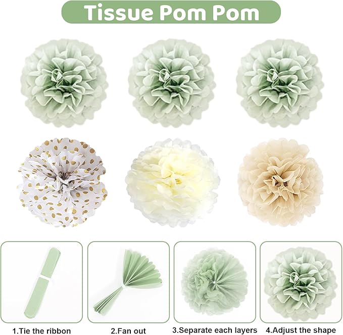 Ouddy Party Sage Green Baby Shower Decorations for Baby, Green Balloons with WELCOME BABY Banner Fringe Curtains Foil Balloons Paper Flower for Boho Baby Shower Birthday Gender Reveal Party Supplies