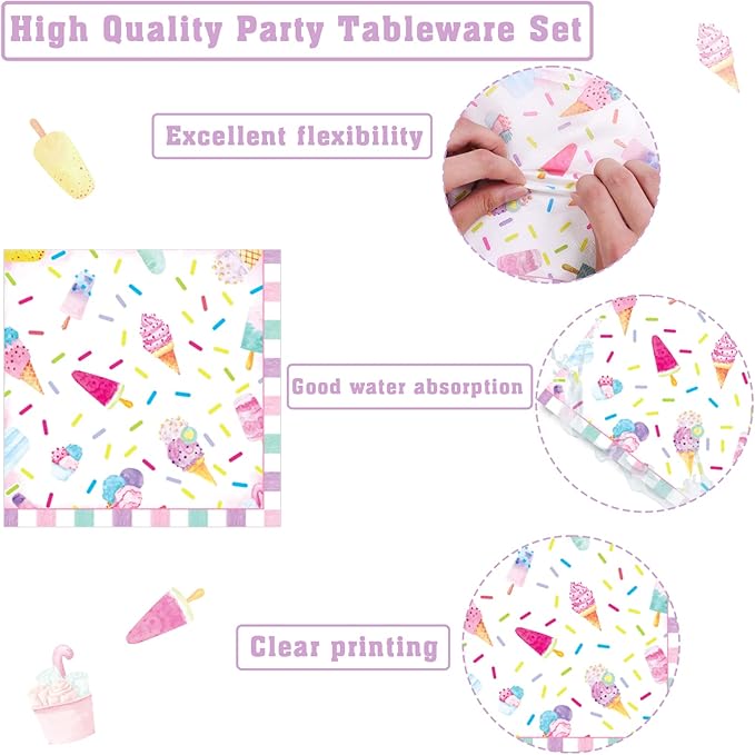 chiazllta 96Pcs Sweet One Ice Cream 1st Birthday Party Paper Plates and Napkins Supplies, Ice Cream Popsicle First Birthday Tableware Decorations for Party Favors 24 Guests