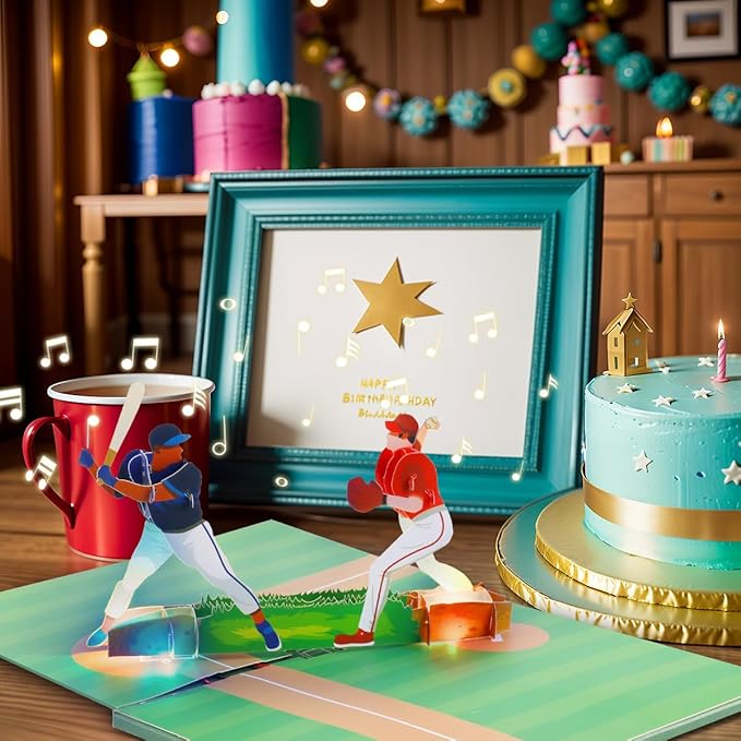 Musical Baseball Pop Up Cards, Light & Music Dad Birthday Cards, Music Pop Up Fathers Day Cards, 3D Sports Birthday Greeting Card, Father's Anniversary Card for Dad Husband Grandpa Men.