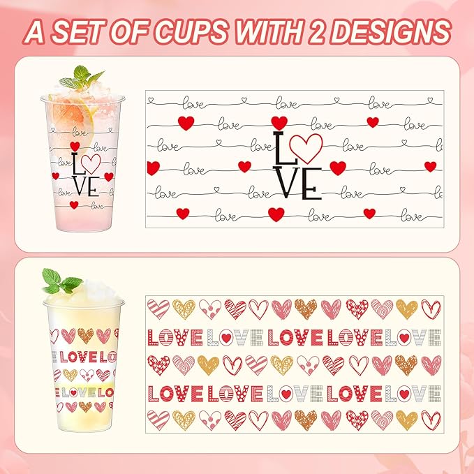 50pcs 16oz Valentine's Day Disposable Cups, Wedding Disposable Clear Plastic Cups for Wedding Anniversary Party Decorations, Suitable for Iced Coffee, Hot Cocoa, Chocolate, Valentine's Day Love Theme