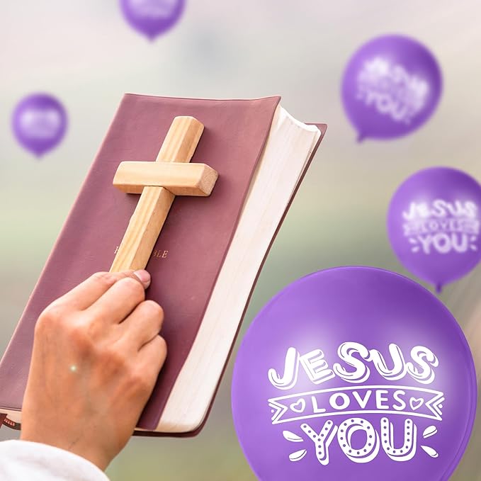 Gejoy Jesus Loves You Balloon 12 Inch Latex Christian Religious Jesus Balloon Party Decor for He Is Risen Party Decor Favor Cross Church Event Birthday Sunday Supplies(Purple,60 Pcs)