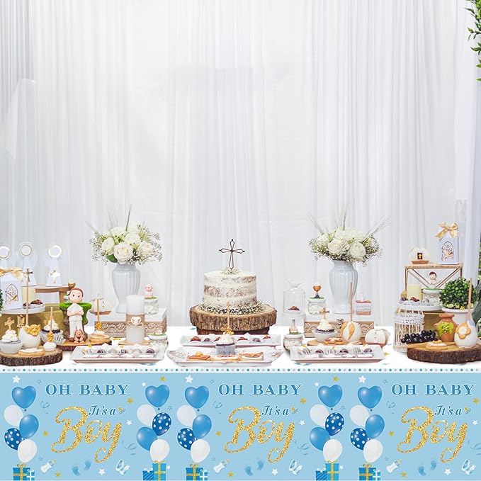 Tevxj 3 Pack Baby Shower Tablecloths Plastic Blue Baby Boy Shower Decorations Gender Reveal Party It's A Boy Table Covers for Baby Boy Birthday Shower Party Supplies, 54 x 108 Inch