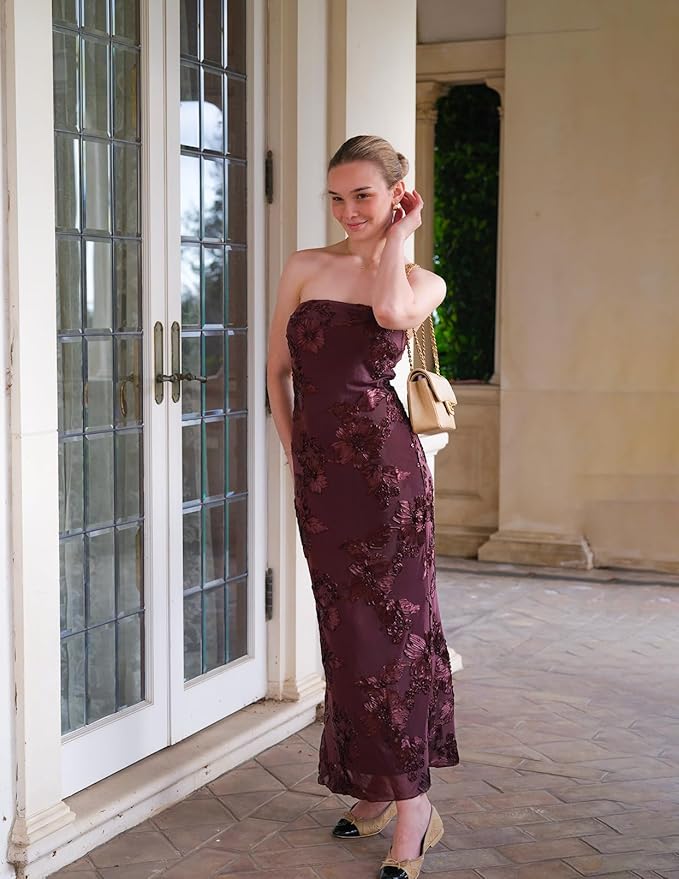 MEROKEETY Women's Floral Strapless Maxi Dress 2026 Summer Mesh Tube Bodycon Formal Wedding Guest Cocktail Party Long Dresses