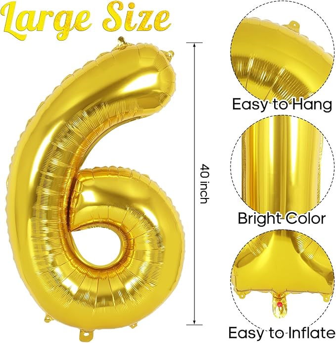 Gold Number 6 Balloon 40 Inch, Big Large Foil Helium Number Balloons, Jumbo Giant Mylar Number 6 Balloons for 6 Year Old Birthday Party Decorations Supplies Anniversary Celebration