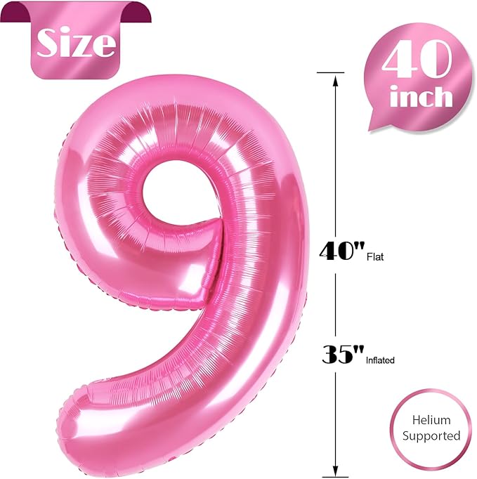 Pink Number 9 Balloon 40 Inch, 9 Balloon Number, 9th Birthday Decorations, Pink Party Supplies for Boys Girls