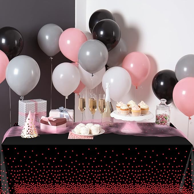 8 Pack Red and Black Dot Plastic Tablecloth, Red Stamping Dot Confetti Rectangle Plastic Disposable Table Cover for Birthday Wedding Baby Shower Engagement Anniversary Party Decorations, 54 x 108 Inch