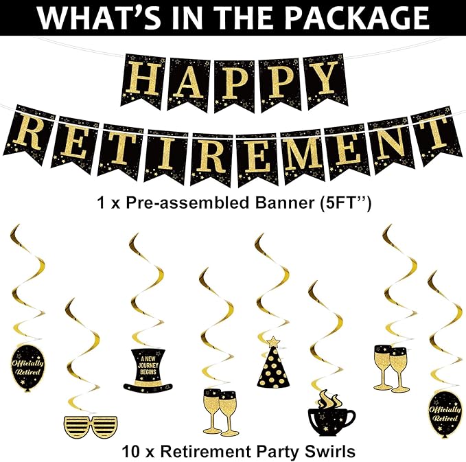 184pcs Happy Retirement Party Supplies, Black Gold Happy Retirement Plates Napkins Cups Tablecloth Swirls Banner Tableware Kit, Disposable Farewell Party Decorations Favors, Serve 25 Guests