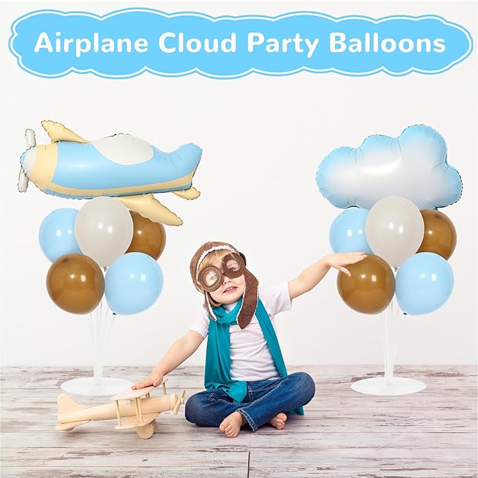 Airplane Baby Shower Birthday Party Decorations Balloons Stand Kit 2 Sets with 2 Airplane Cloud Foil Balloons Baby Boy Shower Balloon Centerpiece for Table for Kid Time Flies 1st Birthday Party Decor