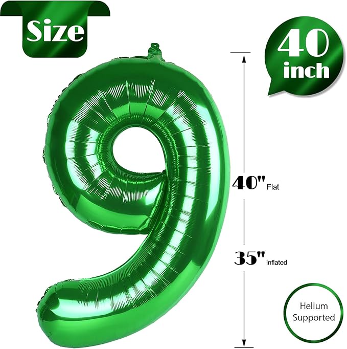 Green 9 Balloon, Number Balloons 40 Inch, 9th Giant Birthday Decorations for Boys Girls, 19th 29th Green Party Decorations Supplies, Number 9 Balloon, Games Theme Birthday Decorations