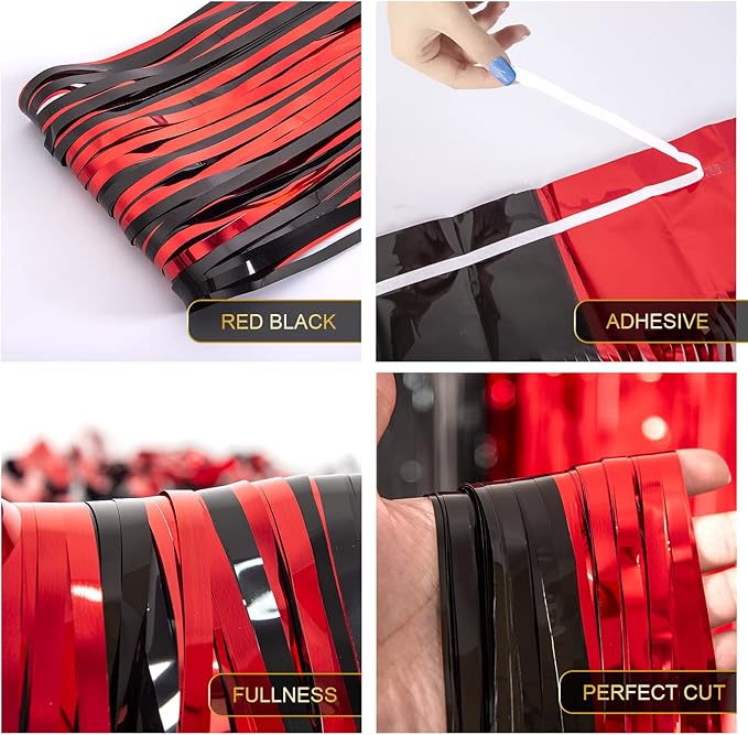 LOLStar Graduation Party Decoration, 4 Pack Red and Black 3.3x6.6 ft Foil Fringe Curtains, Tinsel Backdrop, Graduation Photo Booth Prop Streamer Backdrop for Class of 2026, Prom and Grad Party Decor