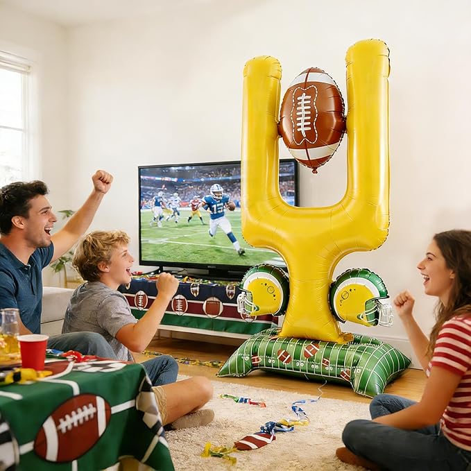 2-Piece Football Party Decoration Set - 5 ft Large Self Standing Football Foil Balloons, Suitable for Game Day Celebrations and Sports Themed Party Decorations (Football Goal Post)