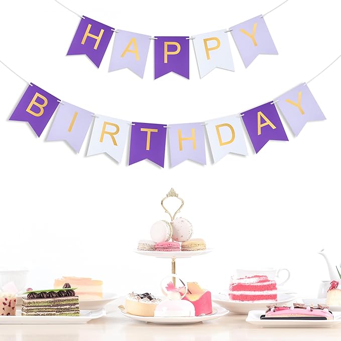 Purple Happy birthday banner - Hanging Backdrop Sign with Gold Letters, Happy Birthday Sign Bunting Decorations for Women men Kids Baby Shower Party Supplies (13pcs)