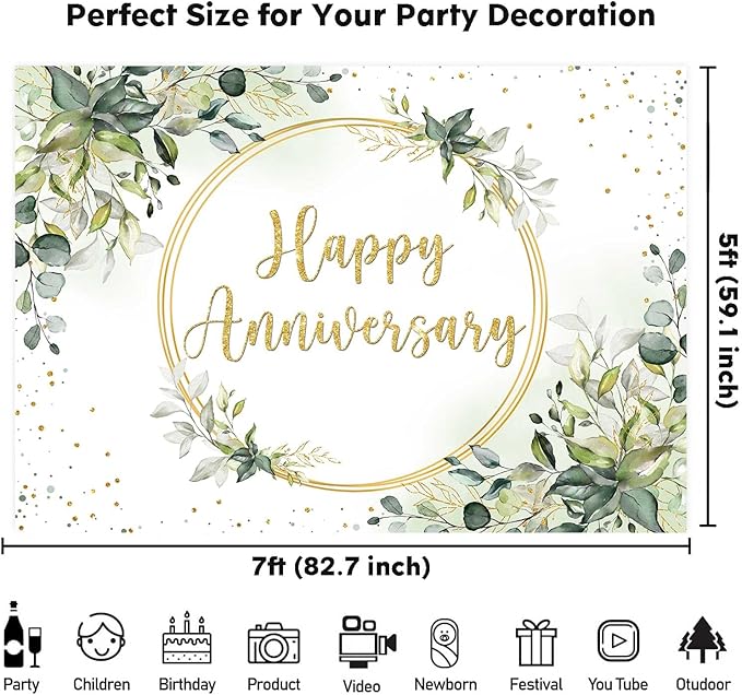 Sensfun 7x5ft Happy Anniversary Backdrop Sage Green Eucalyptus Wedding Anniversary Party Decorations Greenery Marriage Memorial Day Cheers to 10 Years 25th 40th 50th Wedding Day Banner