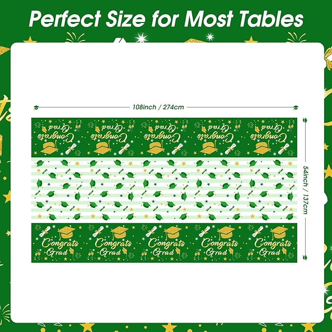 Graduation Tablecloth Party Decorations 2026, 3 Pack Green Large Size 54"x108" Congrats Grad Disposable Rectangle Table Covers Plastic Table Cloth for College High School Class of 2026 Party Supplies