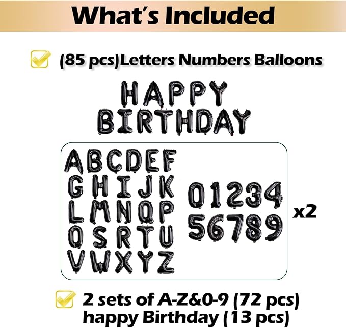 [85 PCS] 16" Black Letter Number Balloons, Happy Birthday & 2 Sets of A-Z 0-9, Foil Mylar Aluminum Hanging Alphabet for Graduation New Year eve Birthday Party Decorations
