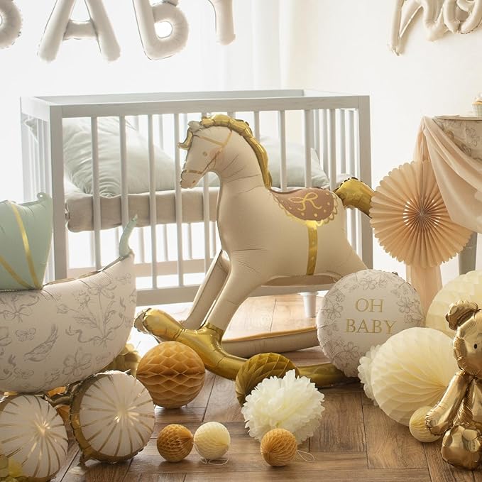 Inflatable Standing Rocking Horse Balloon PartyDeco 41.5x34 Inch, Large Horse-Shaped Air Balloons, Gold and White Foil Baby Shower Cowboy Decoration Gender Neutral Nursery or Party Decor