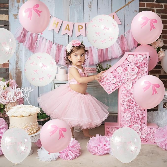 Pink Bow Balloons, 35PCS Light Pastel Pink Clear White Bow Latex Balloon for Girls Women Wedding Bridal Baby Shower Bachelorette Engagement Princess Coquette Birthday Theme Party Decorations Supplies