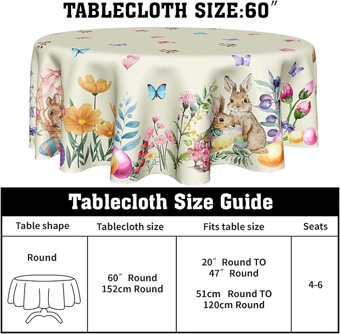 Easter Tablecloth Round 60 Inch Spring Floral Tablecloth Farmhouse Bunny Easter Table Cloth for Dining Room Kitchen Holiday Picnic Party Indoor or Outdoor Decor