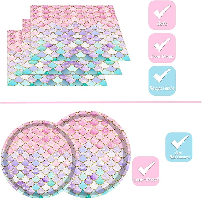 144PCS Mermaid Party Tableware Set Mermaid Birthday Party Supplies Mermaid Plates Napkins Cups Forks Knives Mermaid Party Decorations Birthday Bridal Shower Baby Shower Decorations Serve 24