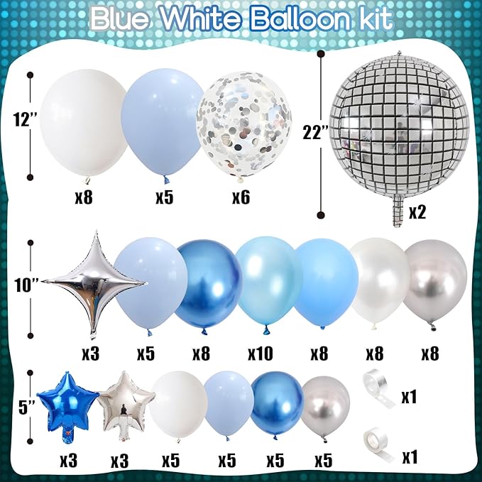 Blue Balloon Arch kit, Blue and White Balloon Garland with 22 Inch Disco Ball Balloons Metallic Silver Star Foil Balloons, Silver Confetti Balloons Metallic Blue Balloon for 80s Disco Party Decoration