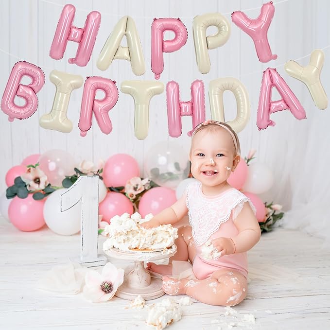 TONIFUL Happy Birthday Balloons with Ribbon Straw 16 Inch Mylar Letters Balloons Sign Banner Bunting Reusable for Girls Boys Kids & Adults Party Decorations Supplies（Cream White Pink）