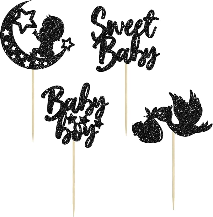 24Pcs Sweet Baby Boy Cupcake Toppers Black Glitter Moon Star Baby Shower Gender Reveal Cupcake Picks Decorations for Baby Shower Kids Boys Birthday Party Cake Decorations Supplies