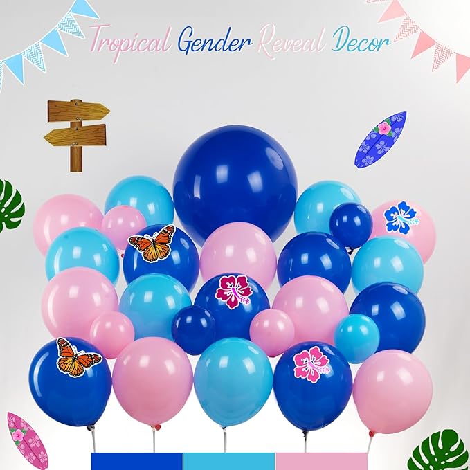 Pastel Pink and Blue Balloon Garland Arch with paper cards banner backdrop Artificial Palm Leaves for kids cartoon Hawaii gender reveal Baby shower birthday halloween trunk or treat party decorations