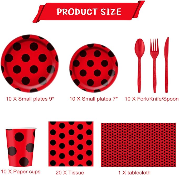 81Pcs Ladybug Party Tableware Set Ladybug Birthday Party Supplies,Paper Plates,Napkins,Cup,knives,Spoons and Forks