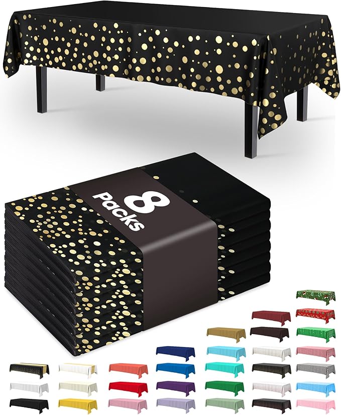 Pureegg Plastic Table Cloth Disposable 8 Pack, 54 x 108 Inch Table Cloths, Graduation Decorations Class of 2026, Graduation Tablecloths, Rectangle, Plastic Cover, Leakproof & Sturdy, Black and Gold