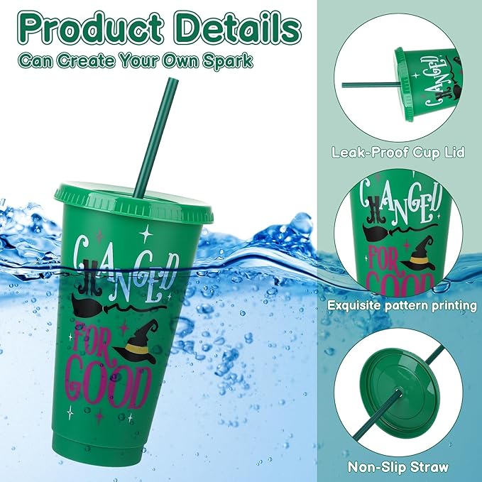 12 Pcs Pink Green Plastic Cups with Lids and Straws 24 oz Reusable Tumbler for Witch Princess Enchanted Theme Parties Birthdays Bachelor Party Decoration
