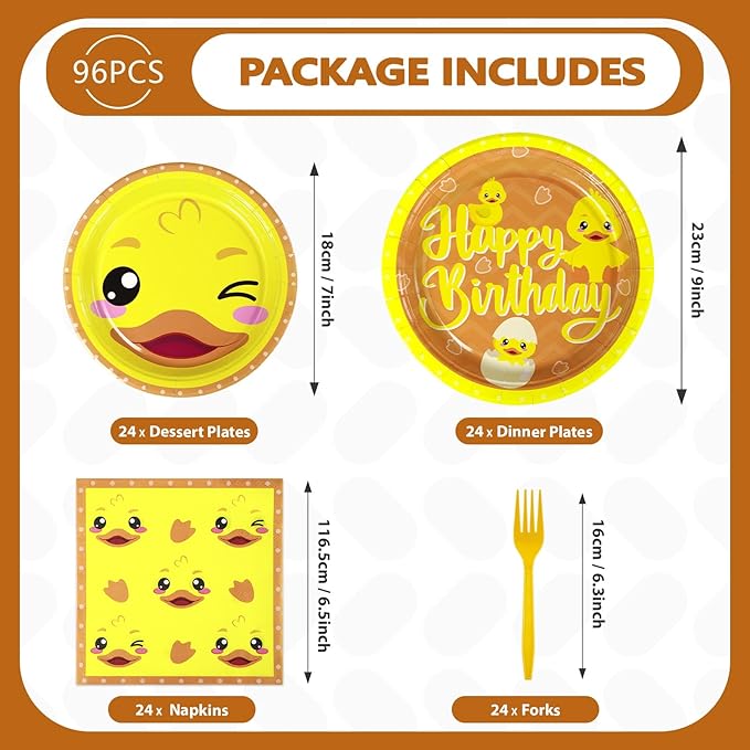 96Pcs Duck Birthday Party Decorations Cartoon Yellow Duck Themed Plates and Napkins Tableware Set Duckie Baby Shower Party Decorations for Gender Reveal One Lucky Ducks Birthday Supplies Serve 24