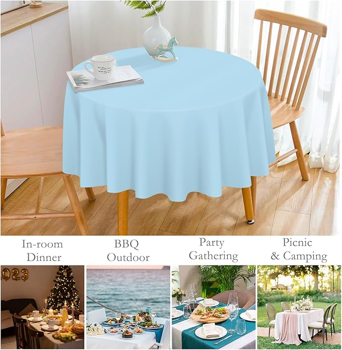 Mulbozy 12 Pack Light Blue Round Tablecloth, 84 Inches Plastic Table Cover, Premium Disposable Round Party Tablecloth for Restaurant Dinners, Wedding, Grad Party, Baby Shower, Outdoor Camping