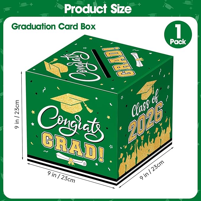 Graduation Card Box 2026 - Congrats Grad Card Boxes Holder, Green and Gold Class of 2026 Graduation Gift Cards Box for Graduation Party Decorations 2026 Favors Decor Supplies Props,9x 9 x 9 inches