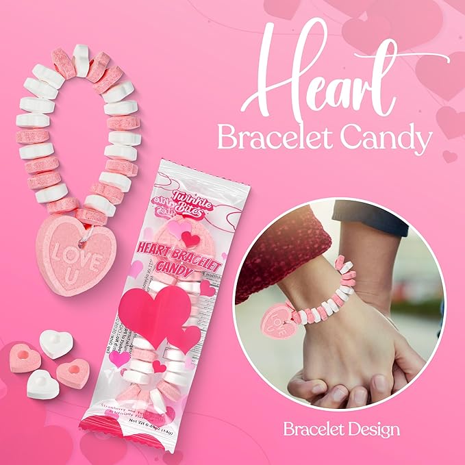30 Pack Valentines Day Bracelet Candy – Individually Wrapped Holiday Themed Love Heart Candies – Strawberry, Tutti Frutti Delicious Flavors – Bulk Valentine Candy's Great Use, For Kids, Party Favor, Classrooms Partys, Goodie Bags
