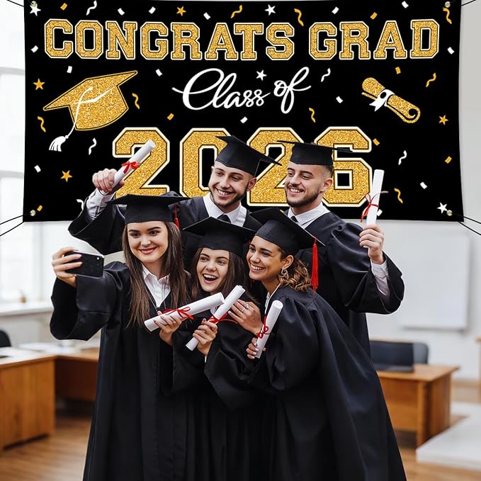 WOHOHOHO 23Pcs Graduation Decorations 2026 Set, Black Gold Porch Door Sign GRAD Banner, Class of 2026 Backdrop, 5 Colors Large Balloons, Party Supplies for High School College Indoor Outdoor Decor