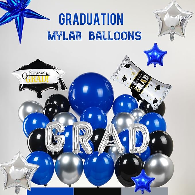 Black royal blue and Silver Balloon Garland Arch Kit 130+ Pieces with royal blue and Silver Stars, Graduation Certificate Graduation Cap GRAD Letters Mylar Balloons for 2025 Graduation Prom Decoration