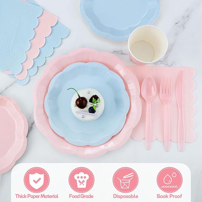 350 Pcs Baby Gender Reveal Party Supplies Include Scalloped Plate Napkin Cup Forks Knives, Light Pink and Light Blue Plastic Cutlery 50 Guest Disposable Party Tableware Set for Baby Shower
