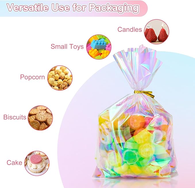 50Pcs Iridescent Cellophane Treat Bags with Ties, 6x9 Inch Holographic Plastic Goodie Baggies for Party Favors, Candy, Cookies Packing, Gift Wrapping