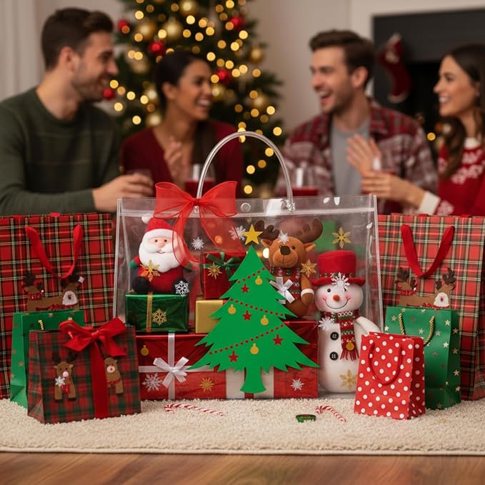 Henoyso 8 Pcs Christmas Clear Gift Bags Plastic Candy Treat Goodie Bags Red Foil Santa PVC Wrap Totes with Handles and Ribbon Xmas Party Favors (Christmas Tree,Socks,16x 6x 12 Inch)